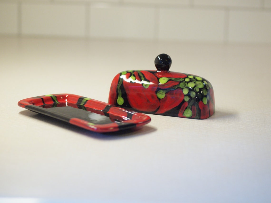 Butter Dish Pottery Butter Dish Red Poppy Ceramic Butter Etsy