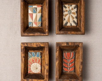 Ceramic Wall Sculpture, Framed Handmade Ceramic Tiles - Muted Mod OOAK