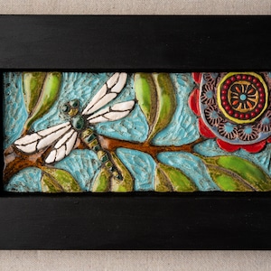 Tile Wall Art, Mosaic Art in Wood Frame Dragonfly Colorful Flowers and Semiprecious Stones, Vertical or Horizontal, MADE to ORDER image 6