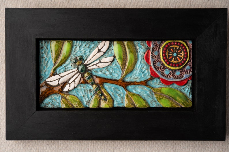 Tile Wall Art, Mosaic Art in Wood Frame Dragonfly Colorful Flowers and Semiprecious Stones, Vertical or Horizontal, MADE to ORDER image 6