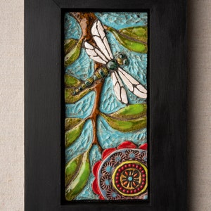 Tile Wall Art, Mosaic Art in Wood Frame Dragonfly Colorful Flowers and Semiprecious Stones, Vertical or Horizontal, MADE to ORDER image 3