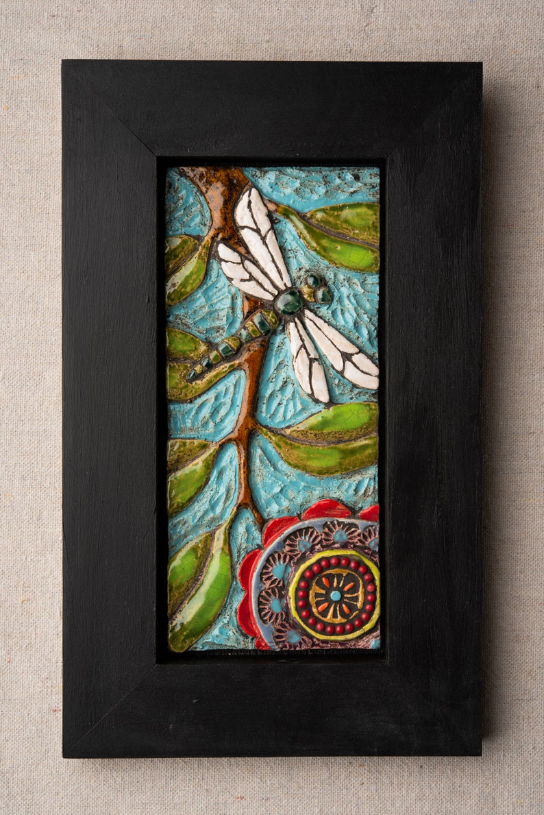 Tile Wall Art, Mosaic Art in Wood Frame Dragonfly Colorful Flowers and Semiprecious Stones, Vertical or Horizontal, MADE to ORDER image 3