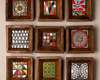 Farmhouse Wall Sculpture Set of 9 Handmade Tiles Framed, Ceramic Wall Sculpture - MADE to ORDER