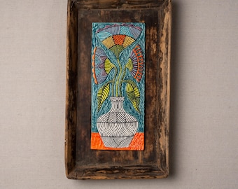 Ceramic Wall Art, Reclaimed Vintage Tea Tray Frame: Original Art - Black and White Vase
