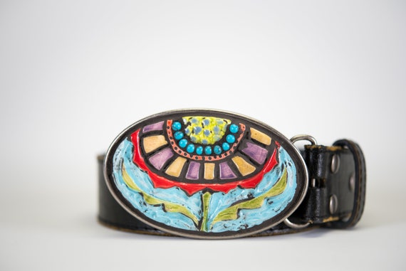 Handmade Ceramic Mosaic Flower Belt Buckle With Leather Belt  display picture 3