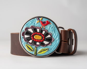 Handmade Ceramic Belt Buckle, Optional Leather Belt - Little Bird