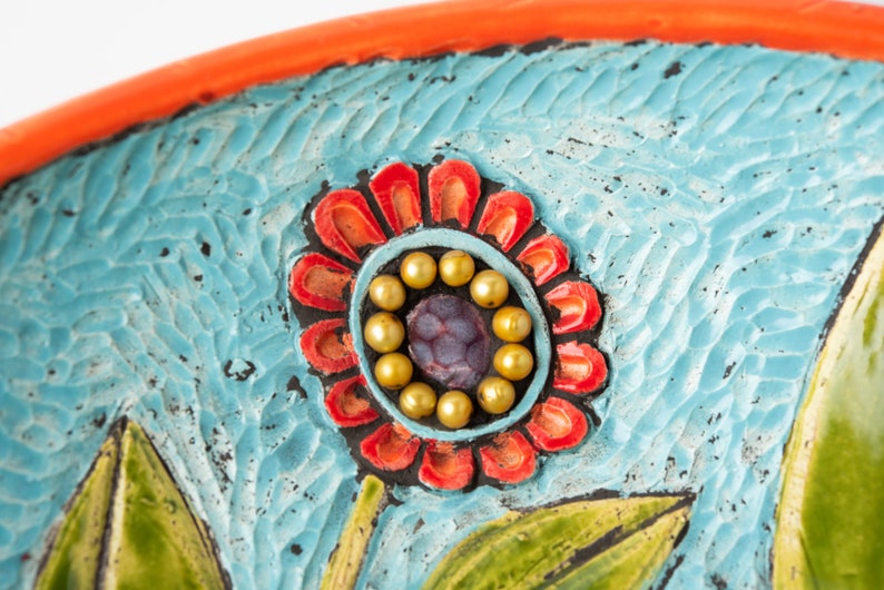 Red Bird Hand Carved Art Bowl Stoneware Ceramic and Mosaic Decorative Bowl MADE to ORDER by Romy and Clare image 6