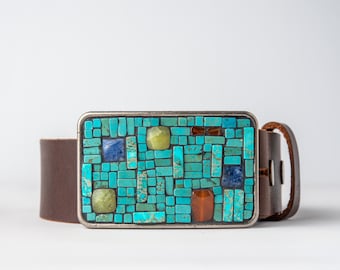 Vintage 70s Boho Turquoise Style Statement Belt Buckle Vintage 70s Turquoise Buckle Belt Leather Belt,western Style  main image 2