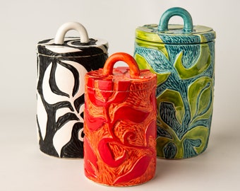 Handcarved Ceramic Kitchen Canister Set – Stoneware Jars with Lids (MADE to ORDER)