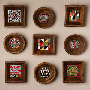 Gallery Wall Sculpture Set of 9 Handmade Tiles Framed, Ceramic Wall Sculpture - MADE to ORDER - Round and Square Mix