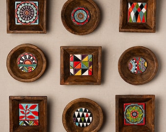 Gallery Wall Sculpture Set of 9 Handmade Tiles Framed, Ceramic Wall Sculpture - MADE to ORDER - Round and Square Mix