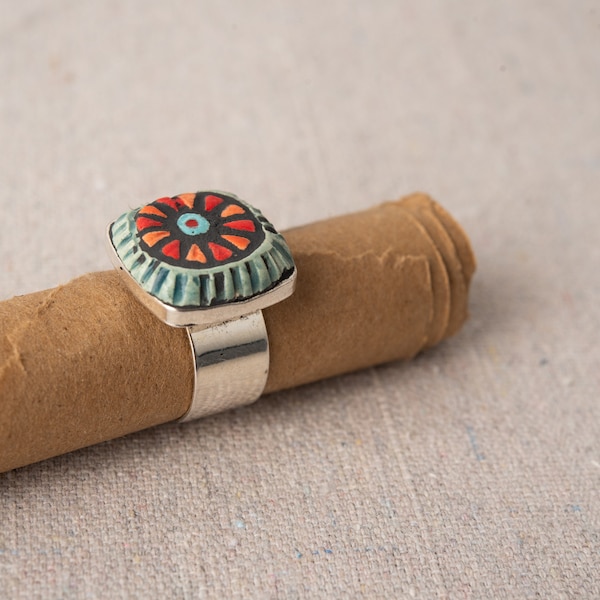 Adjustable Handmade Ceramic Tile Ring - READY to SHIP - Red Poppy