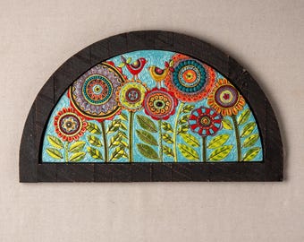Arte mural de mosaico arqueado – Marco de madera reciclada, arcilla gres (HECHO POR ENCARGO)