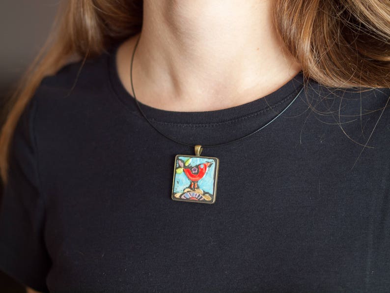 Pendant Necklace with Red Bird, Ceramic Pendant Necklace for Women, MADE to ORDER image 6