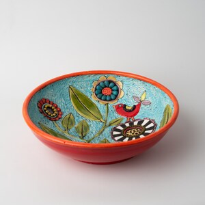 Red Bird Hand Carved Art Bowl Stoneware Ceramic and Mosaic Decorative Bowl MADE to ORDER by Romy and Clare image 3