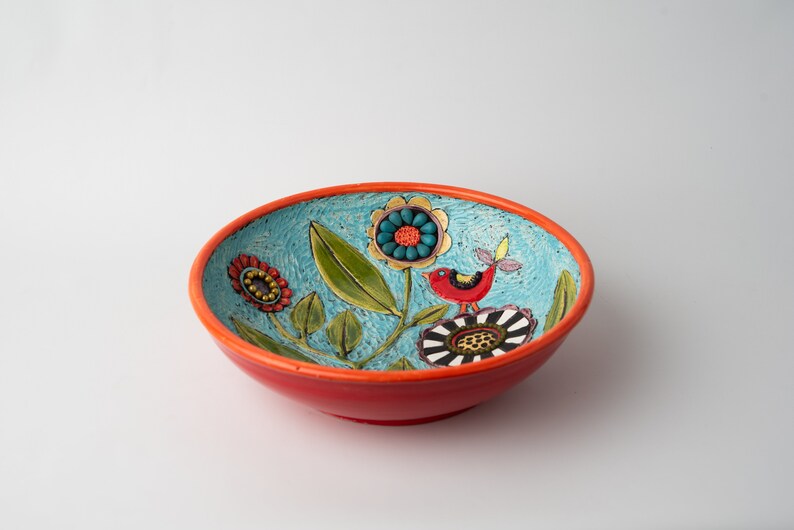 Red Bird Hand Carved Art Bowl Stoneware Ceramic and Mosaic Decorative Bowl MADE to ORDER by Romy and Clare image 3