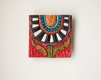 Handmade Ceramic and Mosaic Tile Mounted Square Wall Art READY to SHIP by Romy and Clare - Cropped Blossom