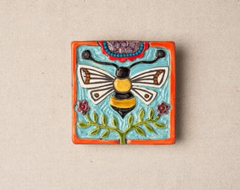 Queen Bee Handmade Ceramic and Mosaic Tile Mounted Square Wall Art MADE to ORDER by Romy and Clare