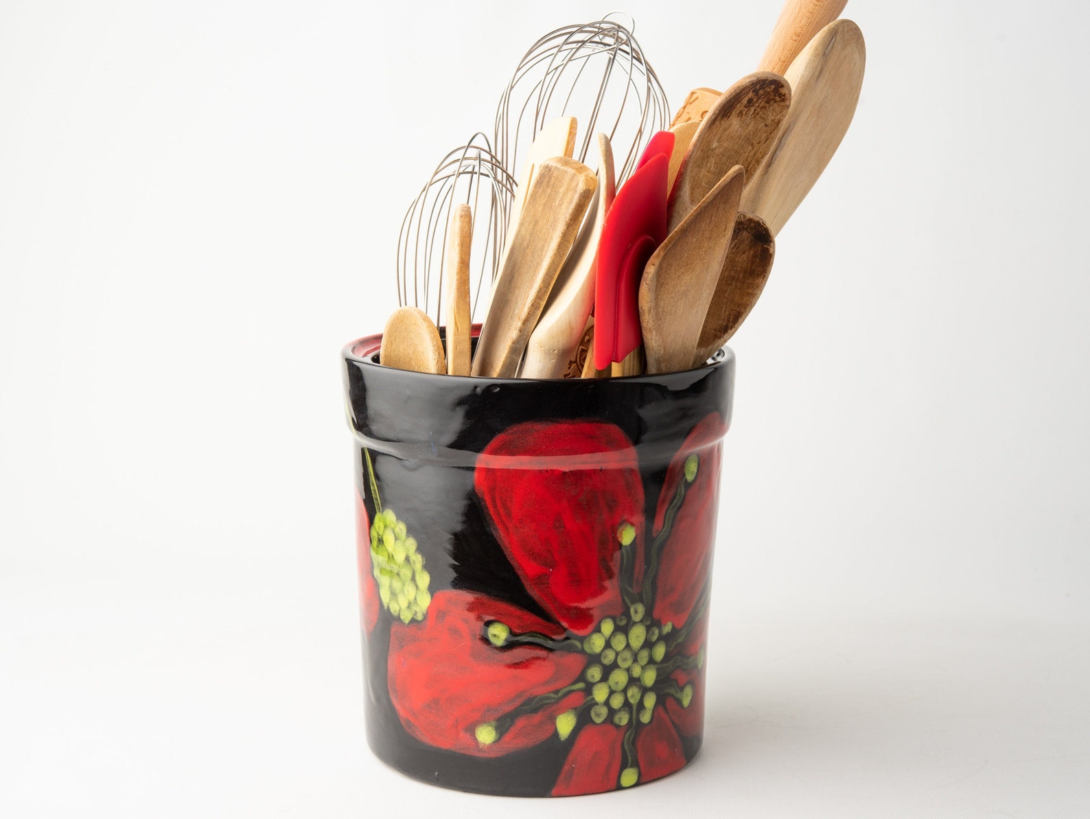 Utensil Crock Red Poppy Ceramic Utensil Holder XL Kitchen Etsy