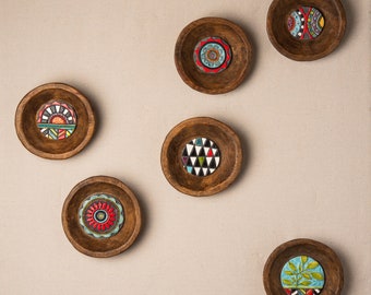 Ceramic Wall Sculpture Set of 6 Vintage Indian Dough Bowl with Handmade Ceramic and Mosaic Tile, MADE to ORDER, Deep Framed Mosaic