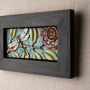 Tile Wall Art, Mosaic Art in Wood Frame Dragonfly Colorful Flowers and Semiprecious Stones, Vertical or Horizontal, MADE to ORDER image 7