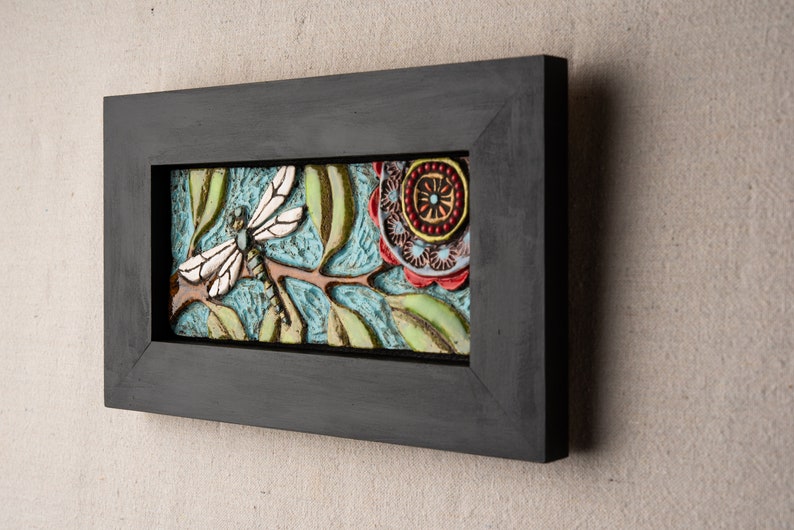 Tile Wall Art, Mosaic Art in Wood Frame Dragonfly Colorful Flowers and Semiprecious Stones, Vertical or Horizontal, MADE to ORDER image 7