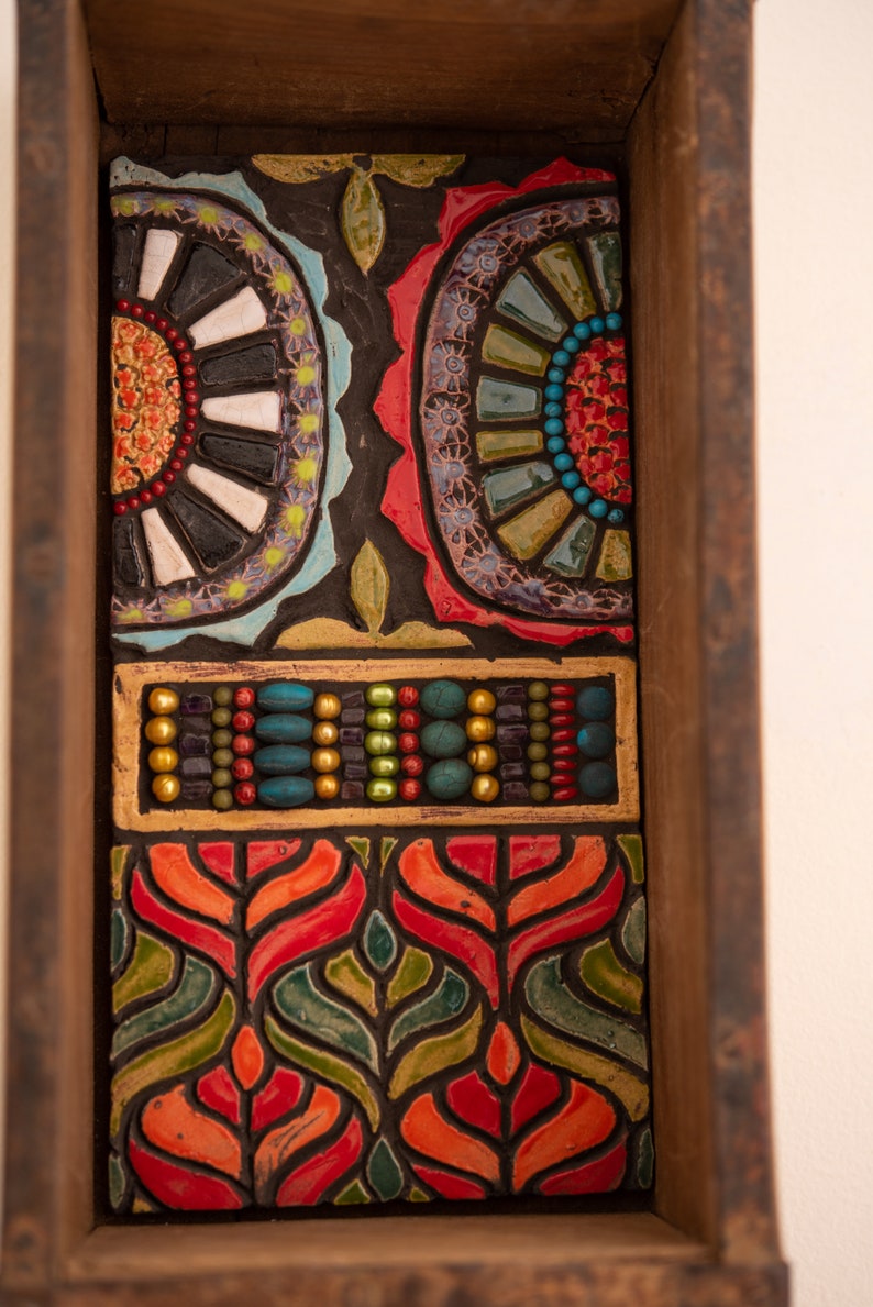 Shelf with Ceramic and Mosaic Art Framed in Vintage Indian Brick Mold MADE TO ORDER by Romy and Clare image 3