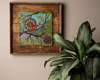 Red Bird in the Birch - Ceramic and Mosaic Tile Wall Art in Reclaimed Vintage Frame - READY to SHIP Original Art by Romy and Clare