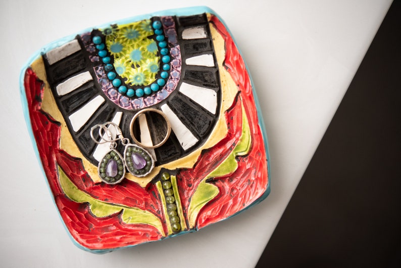 Cropped Blossom on Red READY to SHIP Hand Carved Ceramic Ring Dish with Turquoise and Peridot Mosaic Accents