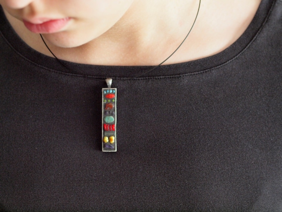 Mosaic Pendant, Modern Necklace with Turquoise, Coral, Semiprecious Stones, Minimalist Necklace,  MADE to ORDER