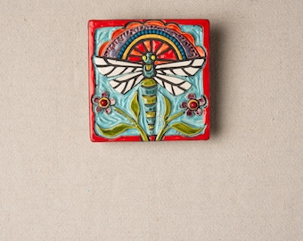 Dragonfly Sunset Ceramic Mounted Square Tile Wall Art, 5 inch - MADE to ORDER by Romy and Clare