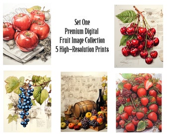 Premium Digitale Obst Bilder Sammlung - 5 hochauflösende Drucke (18x24 Zoll, 300 DPI) - Perfekt für Heimdekoration und Kunstprojekte