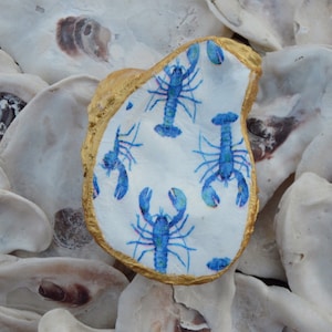 Oyster Shell Jewelry Dish, Coastal Lobsters with Gold Accent
