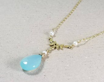 Blue Chalcedony Necklace , A Delicate Gold Layering Y Choker , Dainty Pearl Pendant , Mother's Day Gift for Her, Maggie McMane Designs