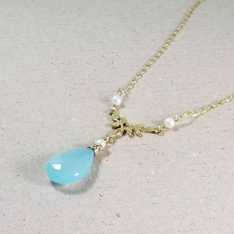 Blue Chalcedony Necklace , A Delicate Gold Layering Y Choker , Dainty Pearl Pendant , Mother's Day Gift for Her, Maggie McMane Designs image 1