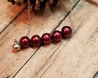 Pearl Necklace, Red Pearl Row Necklace, Holiday Jewelry, Jingle Bell, Sterling Silver Necklace, Handmade Jewelry by Maggie McMane Designs
