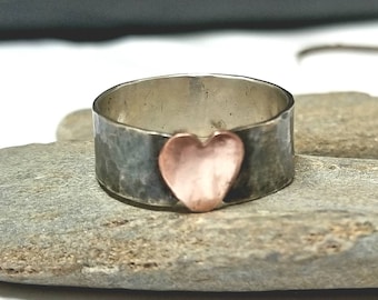 Copper Heart Ring, Oxidized Silver Band, Rustic Jewelry, Mother's Day Gift For Her, Unisex, Size 7, Mixed Metal, Maggie McMane