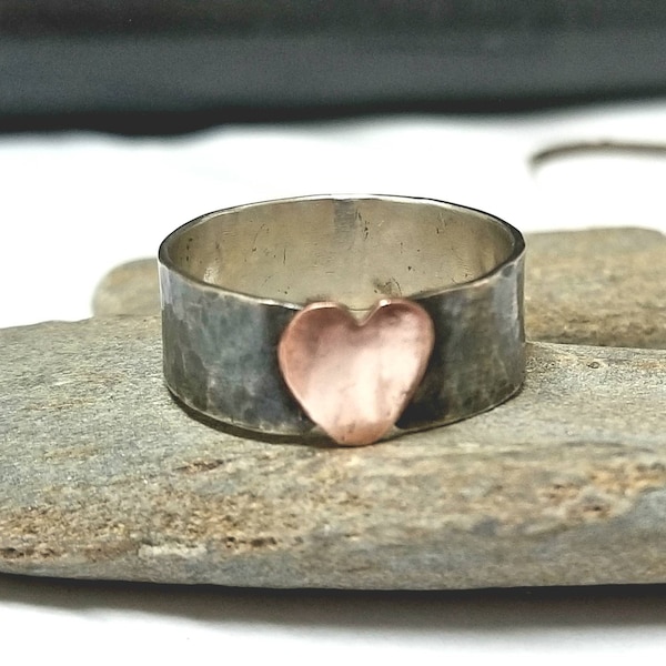 Copper Heart Ring, Oxidized Silver Band, Rustic Jewelry, Mother's Day Gift For Her, Unisex, Size 7, Mixed Metal, Maggie McMane