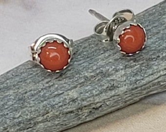Coral Earrings, Tiny Coral Studs, Sterling Silver Stud Earrings, Post Earrings, Jewelry Gift, Tiny Stud Earrings, Little Stone Earrings