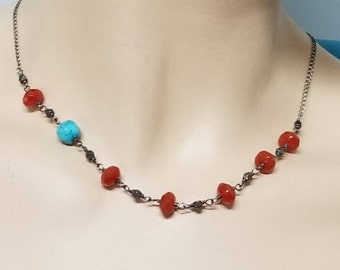 Carnelian Turquoise Bead Necklace w Oxidized Sterling Silver 17-inch Chain, Boho Chic Layering Necklace, Handmade Jewelry by Maggie McMane