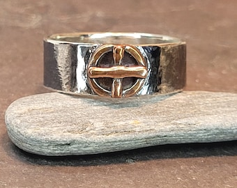 Celtic Cross Ring Sterling Silver and Copper, Mixed Metal Copper Cross Ring, Circle Cross Ring, Wide Band, Size 12.5 Cross Ring, Handmade