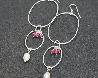 Ruby Pearl Earrings, Extra Long Sterling Silver Dangle Earrings, Handmade Jewelry, Pearl and Ruby Gemstone Earrings, Hammered Silver Earring
