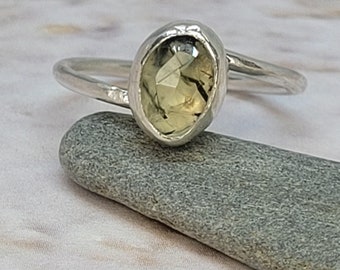 Prehnite Ring, Sterling Silver Ring, Asymmetrical Band, Gemstone Ring, Bohemian Ring, Natural Prehnite Jewelry, Handmade Ring, Maggie McMane