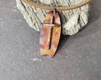Copper Surfboard Cross Necklace Leather Fire Painted Copper, Multi Colored Cross, Gift for Women, Unisex Handmade Jewelry Maggie McMane