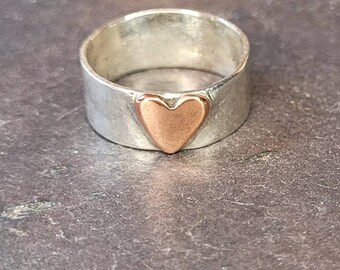 Silver Copper Ring, Heart Ring Silver Copper, Handmade Jewelry, Mixed Metal Ring, Wide Band Silver Ring, Copper Heart Ring, Maggie McMane