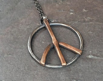 Peace Sign Necklace Sterling Silver and Copper, Mixed Metal, Peace Sign Necklace for Women, Boho Hippie Peace Sign, Gift for Her