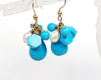 Chalk Turquoise Cluster Earrings with Freshwater Pearls in 14k Gold Filled, Blue Boho Dangle Earrings, Handmade Jewelry