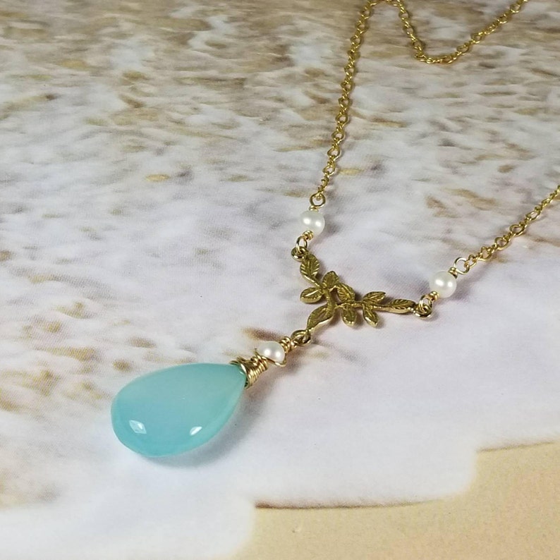 Blue Chalcedony Necklace , A Delicate Gold Layering Y Choker , Dainty Pearl Pendant , Mother's Day Gift for Her, Maggie McMane Designs image 5