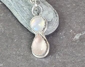 Moonstone Rose Quartz Pendant Necklace in Sterling Silver n Black Leather, Gift For Daughter, Birthstone Jewelry, Handmade by Maggie McMane