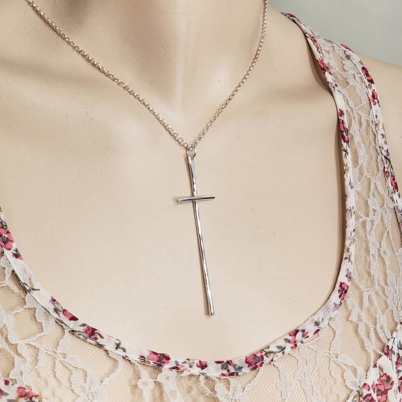 Long Cross Necklace Easter Gift 3 inch Sterling Silver Cross Etsy